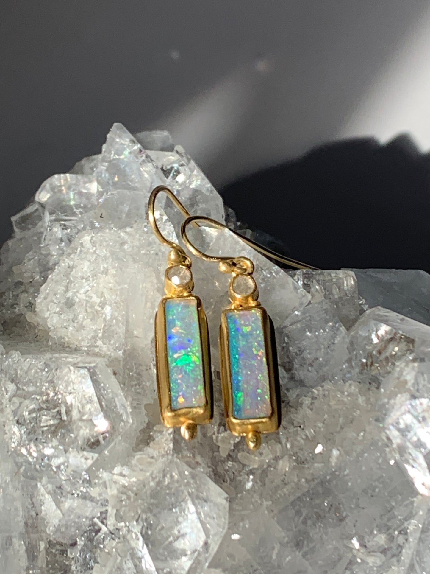 Diamond, Australian Opal, 22k Gold Earrings