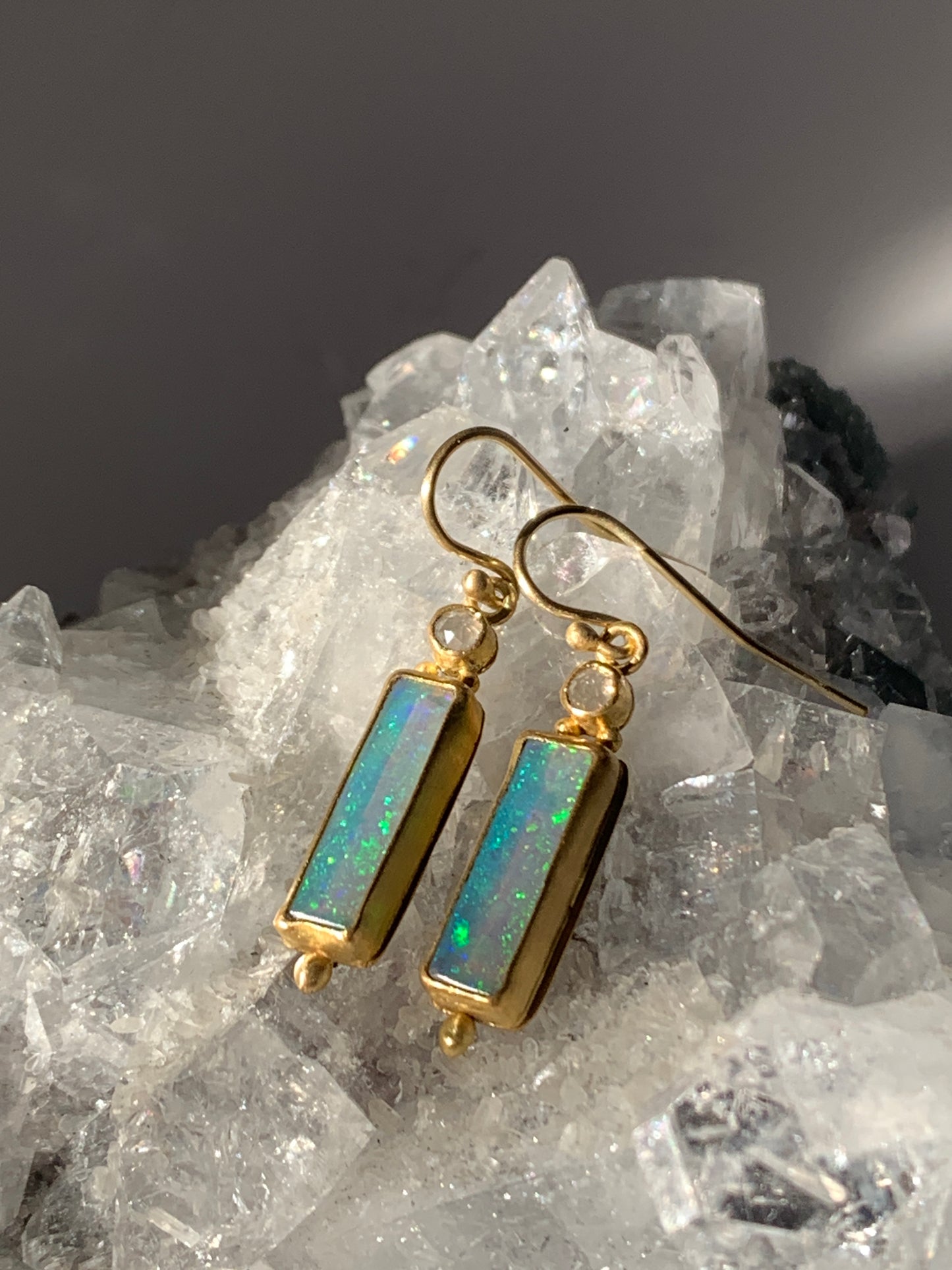 Diamond, Australian Opal, 22k Gold Earrings