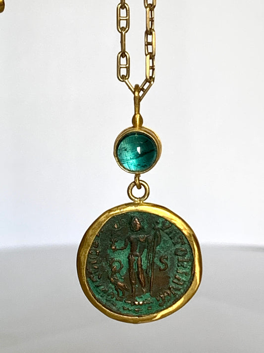 Ancient Roman Coin 22k Gold Paraiba Tourmaline Pendant