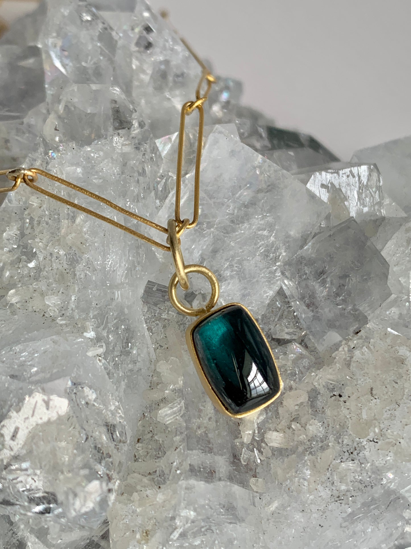 Indicolite Blue Green Teal Tourmaline 22k Gold Pendant Necklace