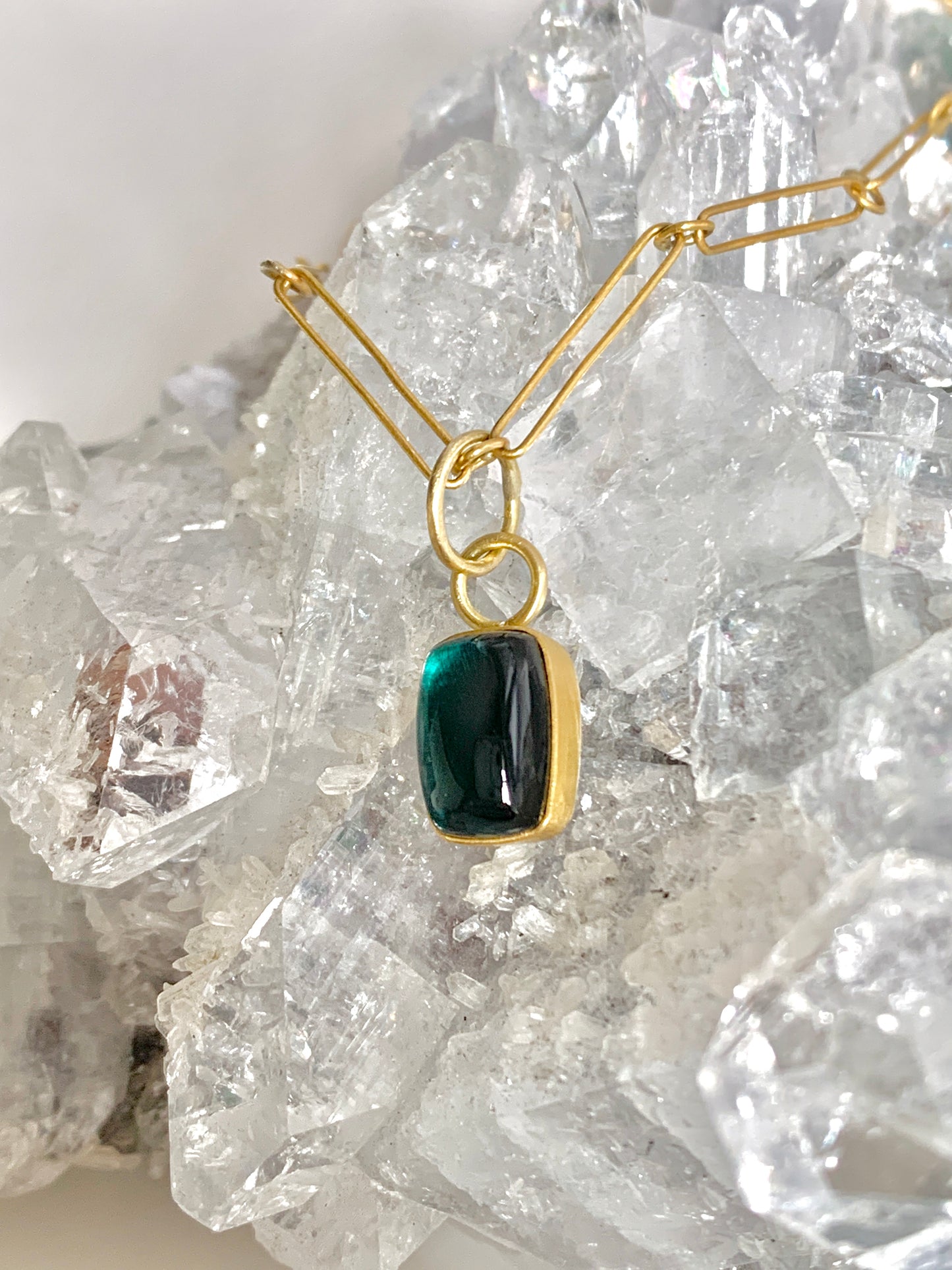 Indicolite Blue Green Teal Tourmaline 22k Gold Pendant Necklace