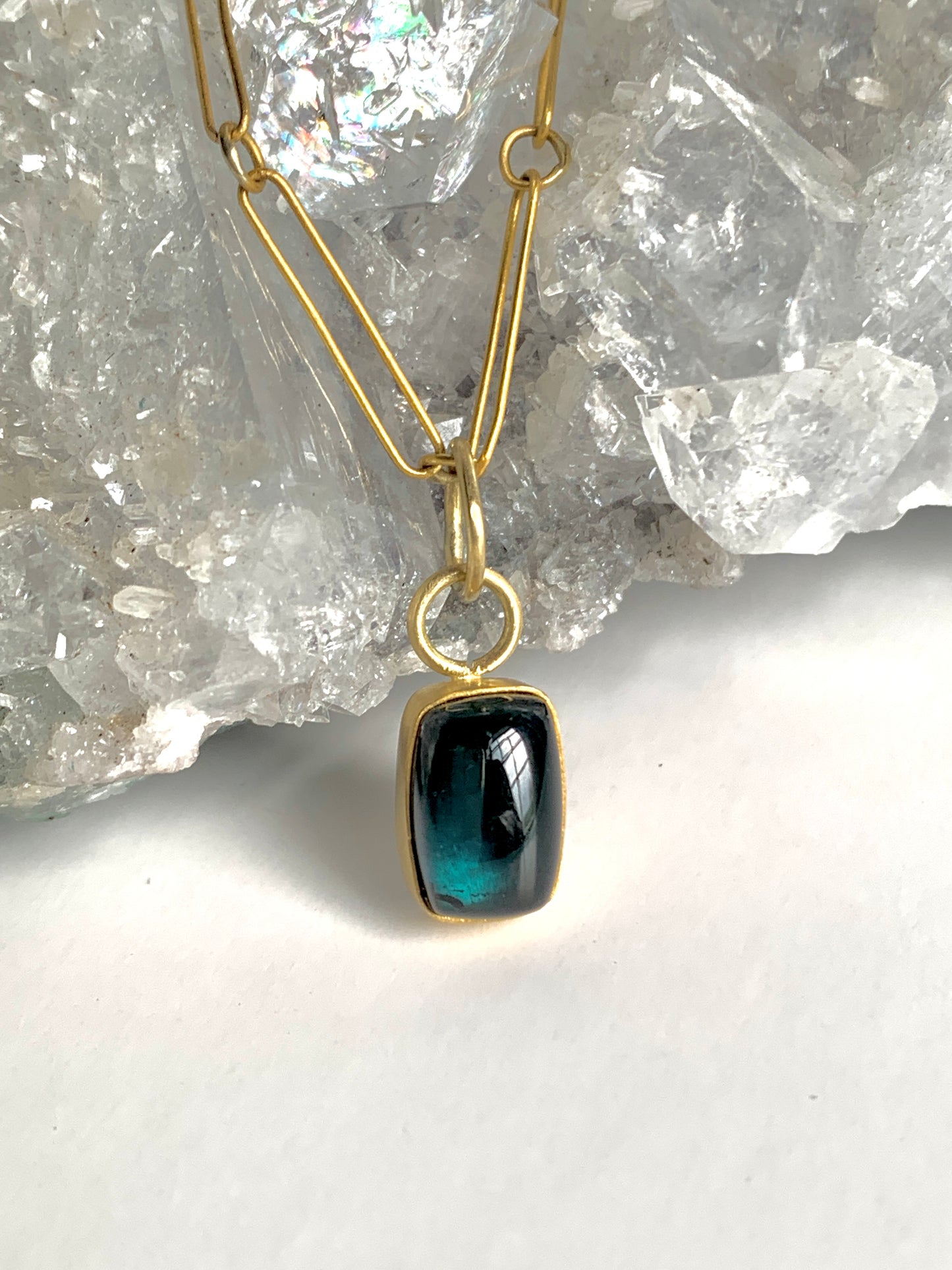 Indicolite Blue Green Teal Tourmaline 22k Gold Pendant Necklace