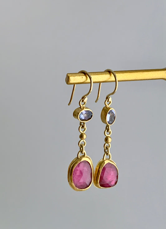 Pink Tourmaline 22k Gold Tanzanite Earrings