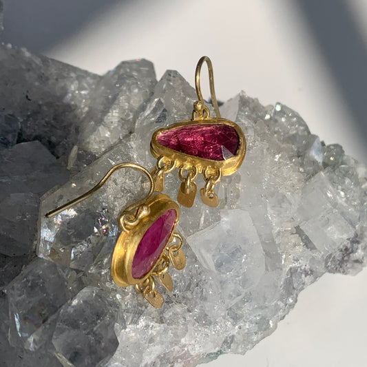 Pink Tourmaline, 22k Gold Fringe Earrings