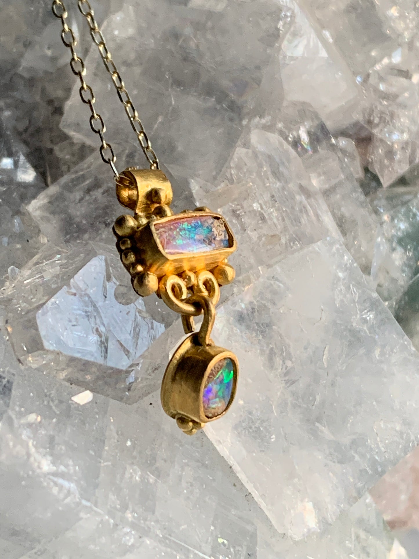 Australian Boulder Opal 22k Gold Granulation Pendant Necklace