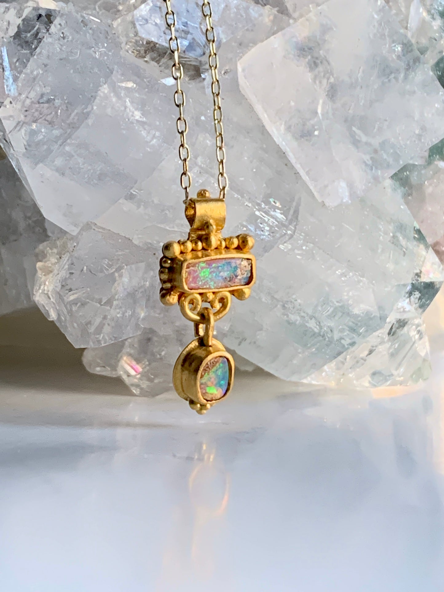 Australian Boulder Opal 22k Gold Granulation Pendant Necklace