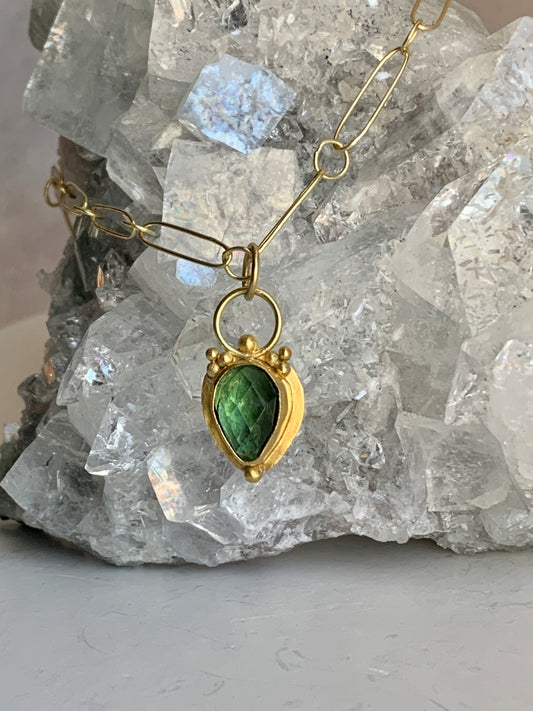 Green Indicolite Tourmaline 22k Gold Pendant, 18k Gold Handmade Chain