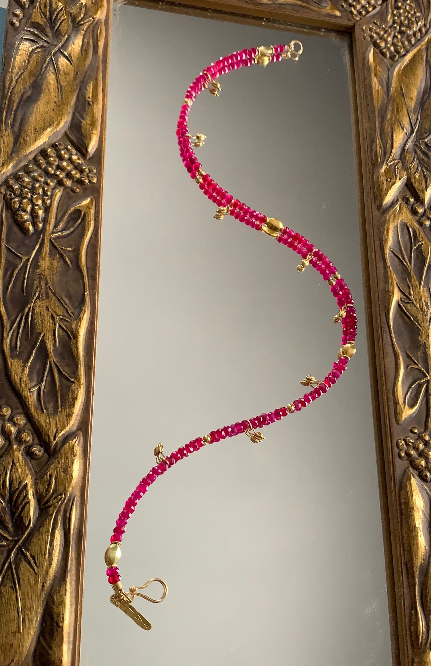 Ruby, 18k Gold Beaded Charm Necklace