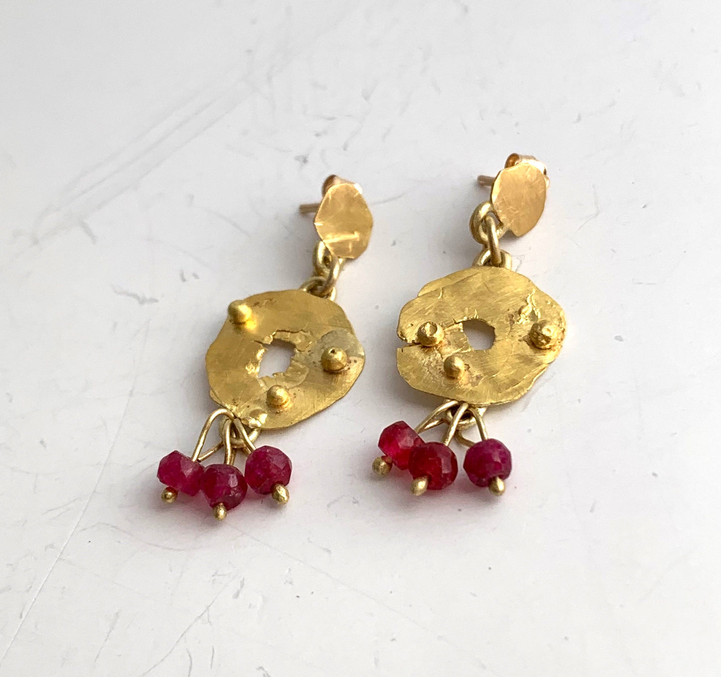 22k Gold Hammered Ruby Earrings