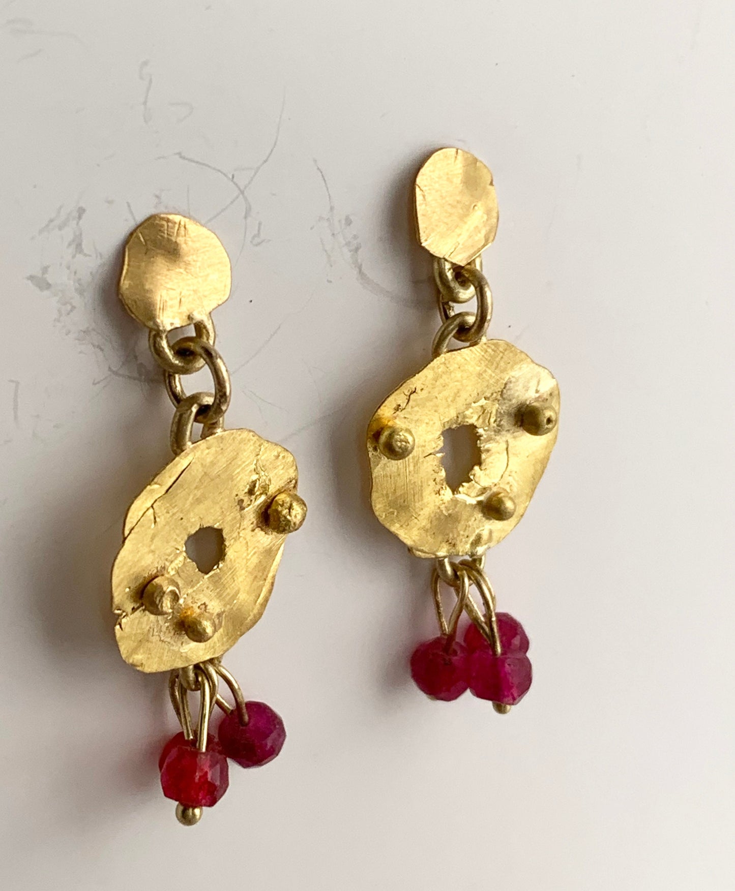 22k Gold Hammered Ruby Earrings