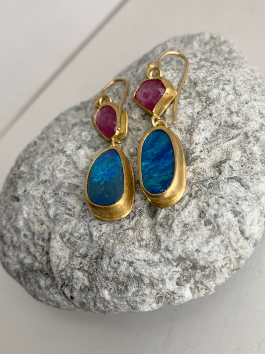 Australian Boulder Opal, 22k Gold Pink Tourmaline Earrings