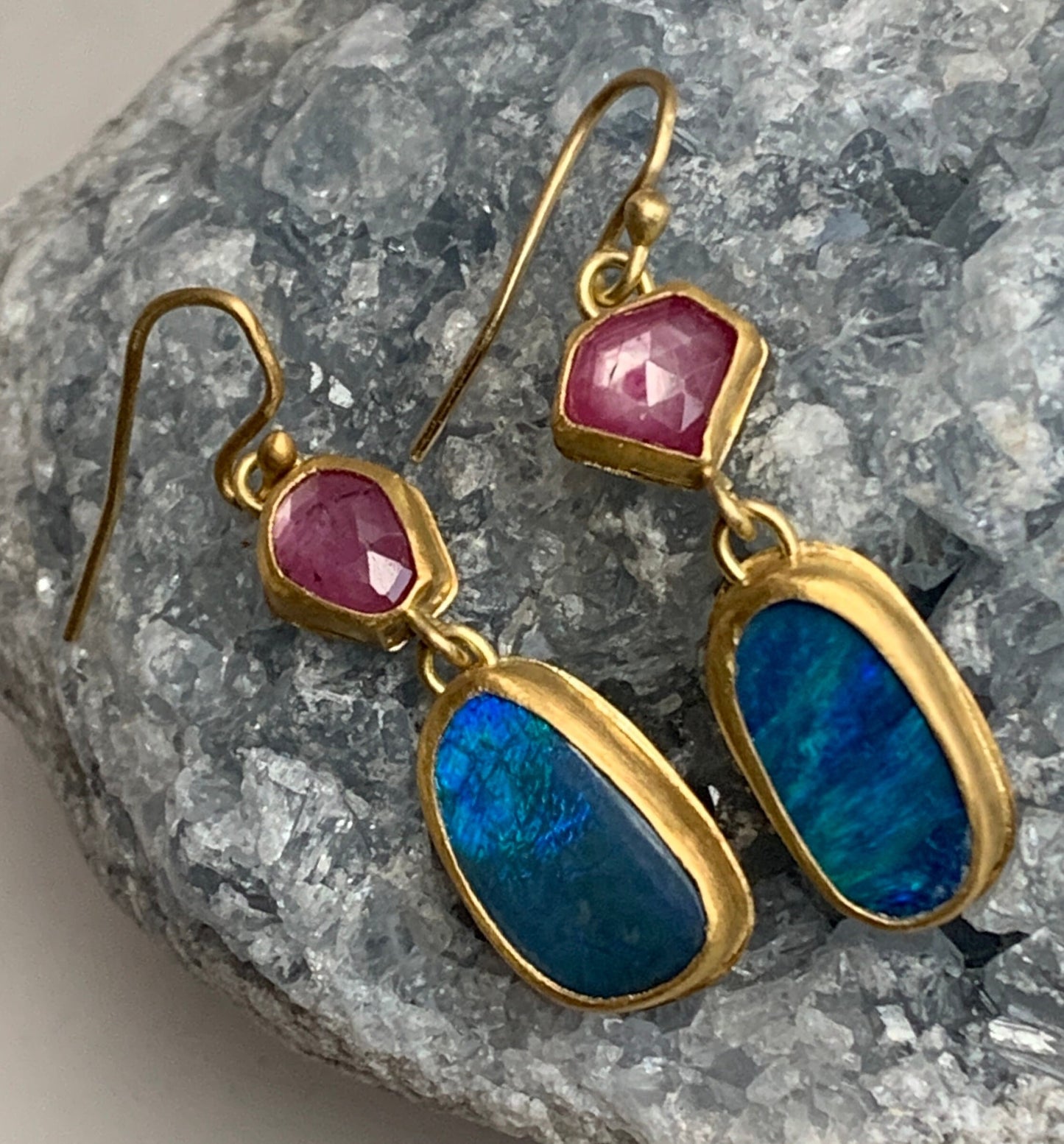 Australian Boulder Opal, 22k Gold Pink Tourmaline Earrings