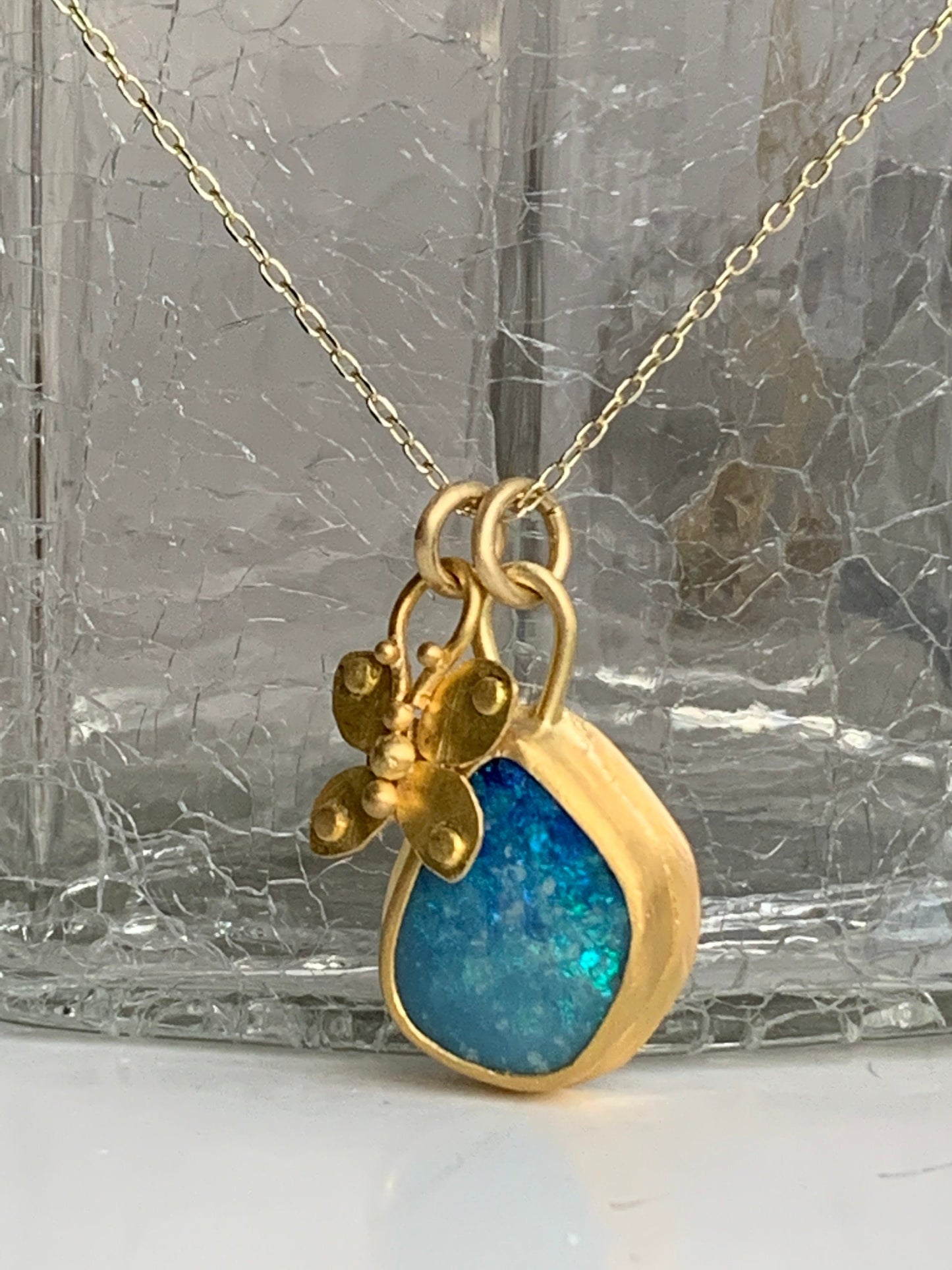 Australian Boulder Opal, 22k Gold Butterfly Necklace