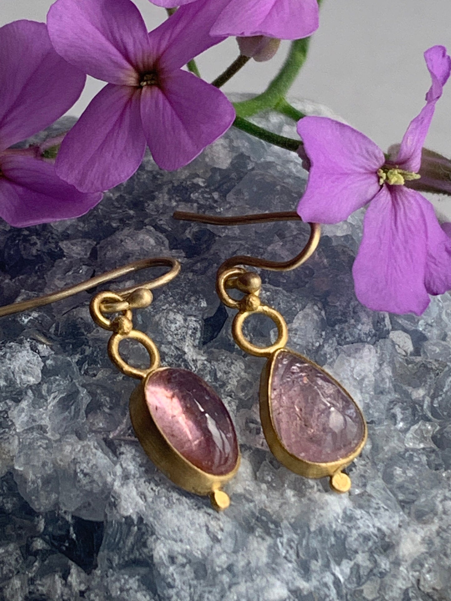 Pink Tourmaline 22k Gold Earrings