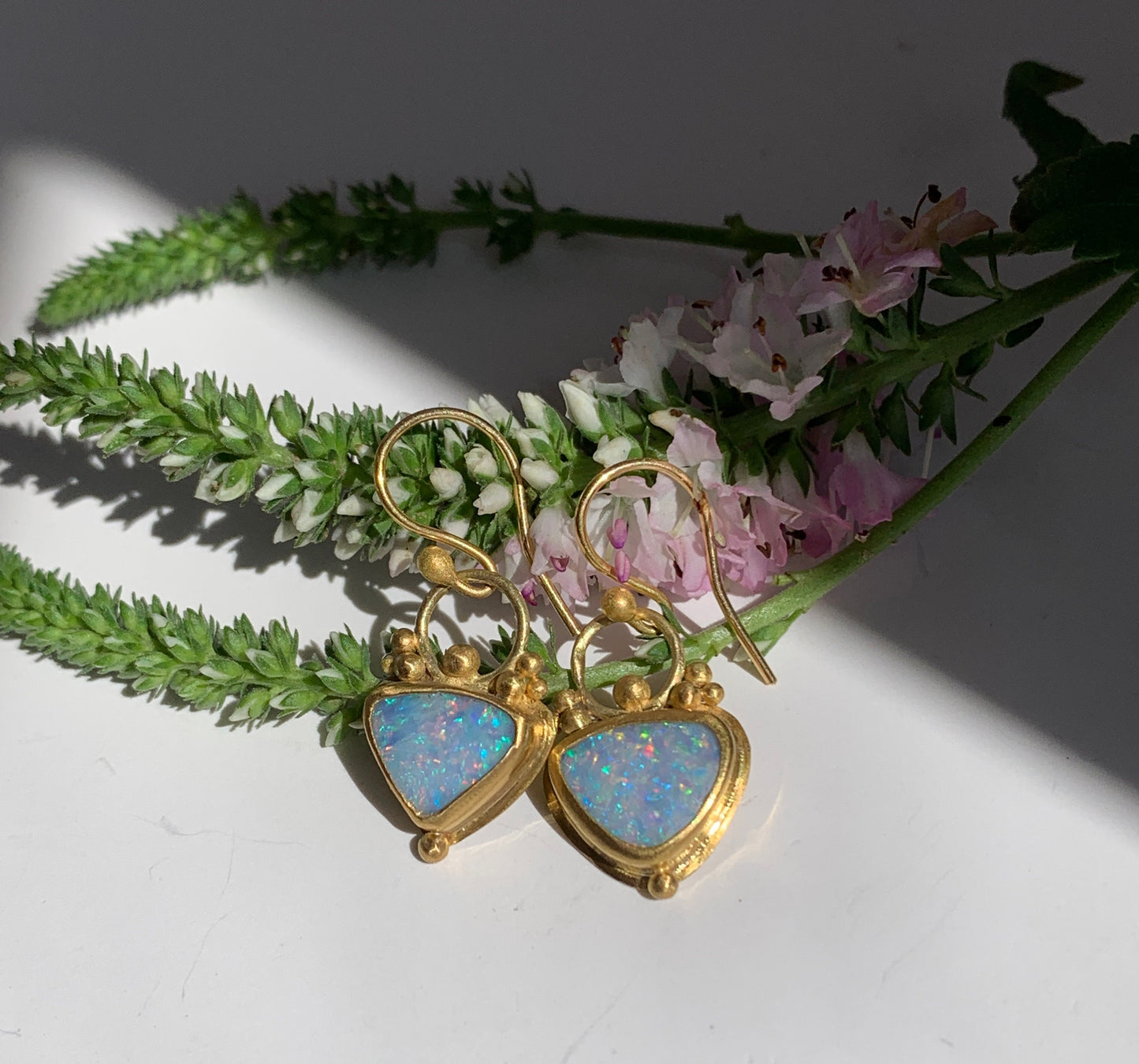 Opal, 22k Gold Granulation Earrings